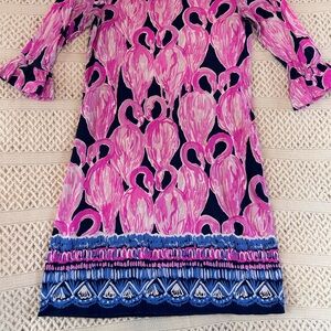 Lilly Pulitzer Flamingo Print Dress XS Navy Pink Border Hem Three Quarter Sleeve